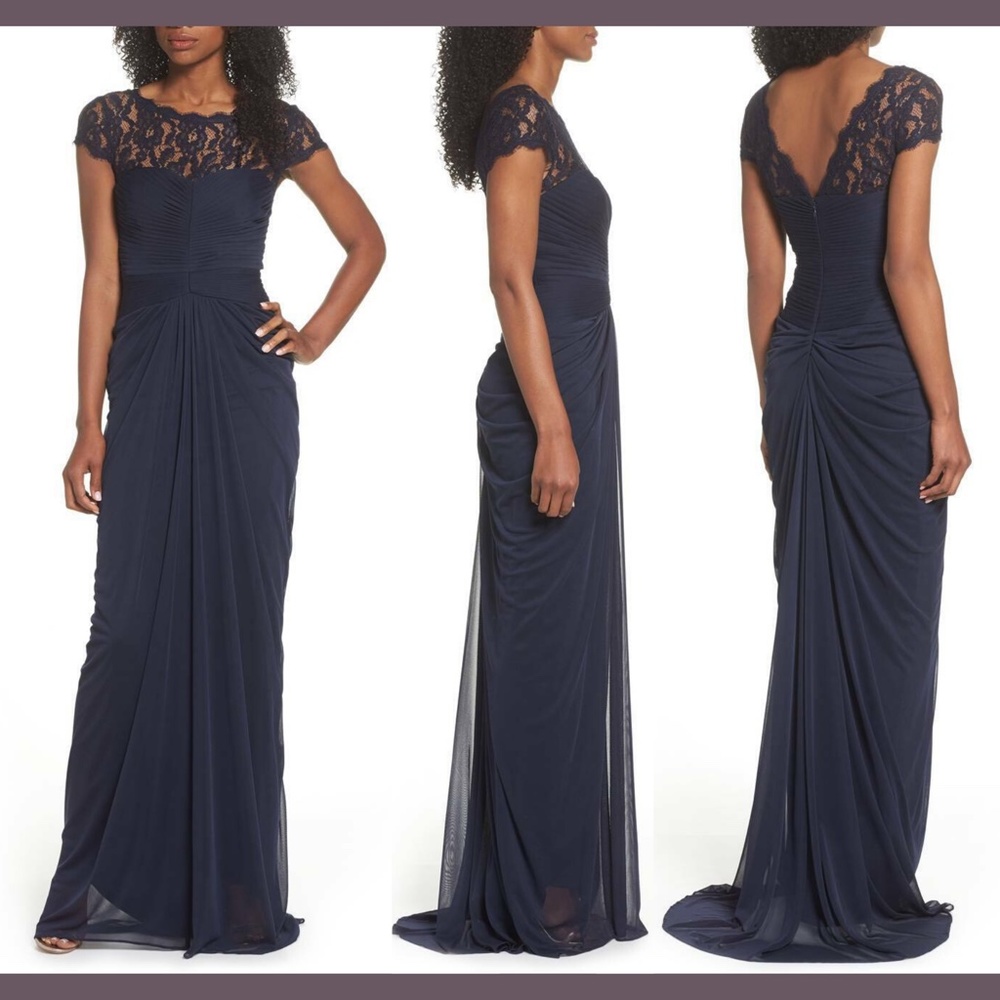 NWT‎ Adrianna Papell Lace Yoke Drape Gown In Ink Blue [SZ 6 ]